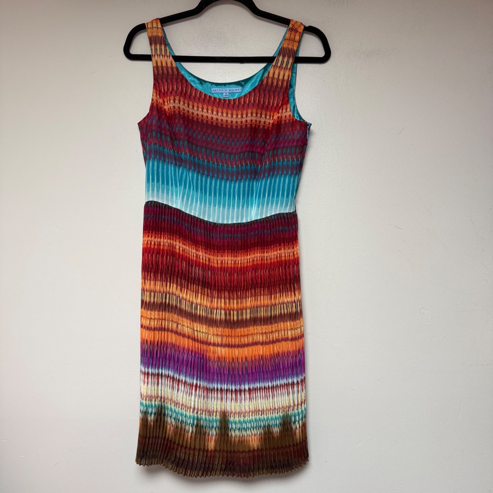 Antonio Melani Sheath Dress Womens 4‎ Multi-Color Excellent Pleated Ikat Stripe
